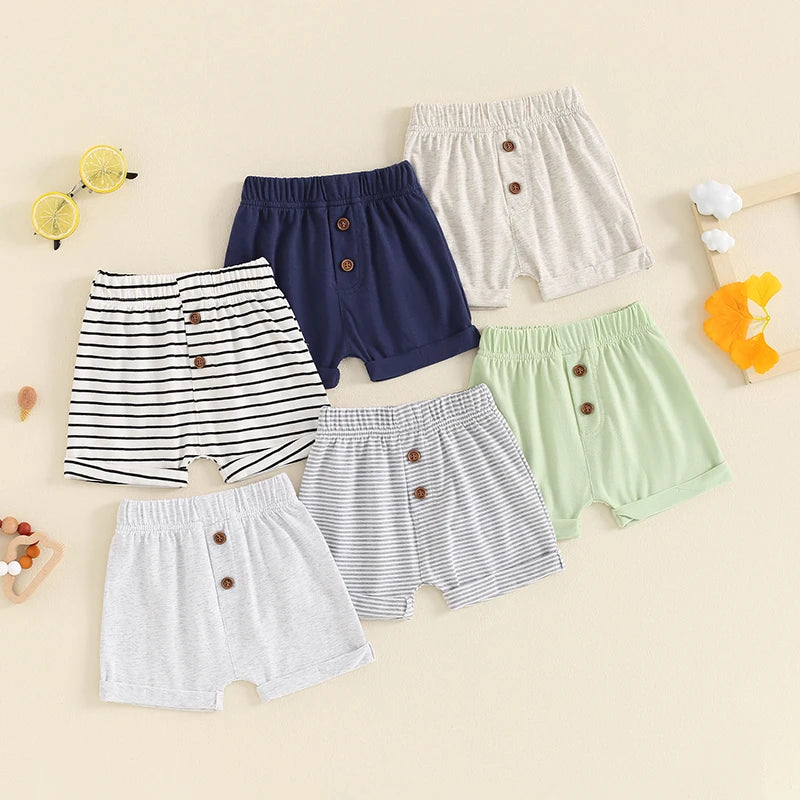 Baby Toddler Boys 3Pcs Summer Shorts Elastic Band Solid Color/Striped Button Shorts Set of Three