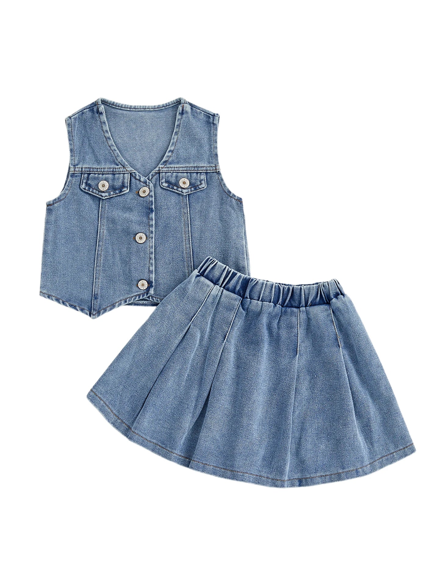 Toddler Kids Girls 2Pcs Denim Set Solid Color V-Neck Button Down Vest and Pleated Skirt 2 Piece Outfit