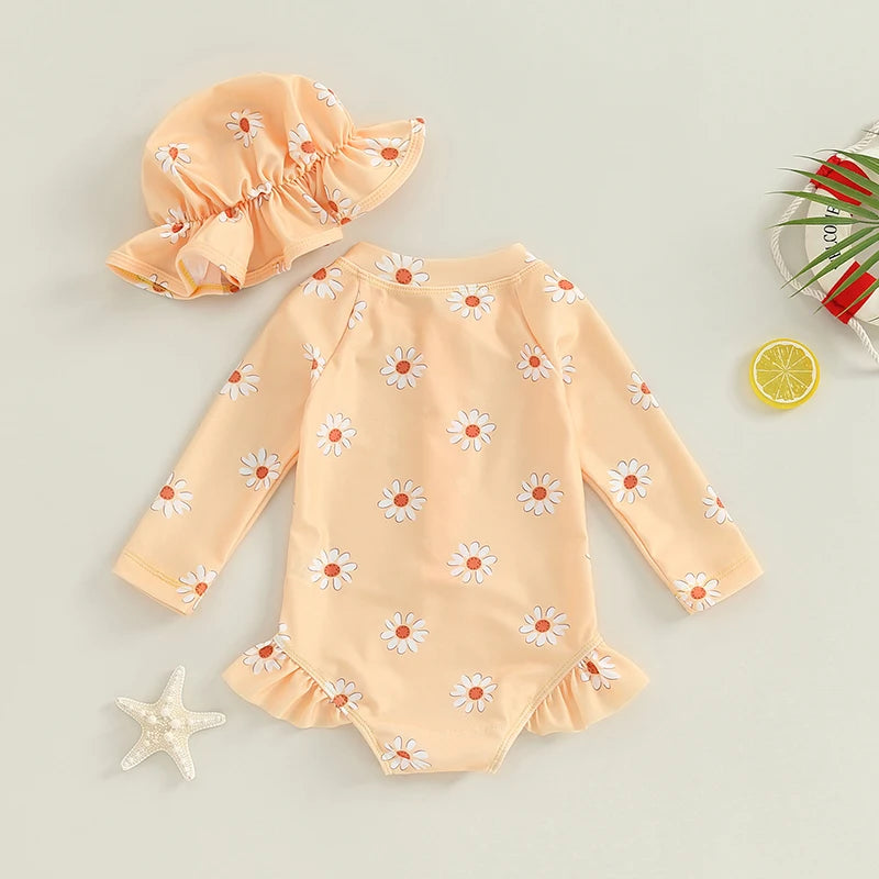 Baby Toddler Girls 2Pcs Swimsuit Daisy Flower Print Long Sleeve Round Neck Swimwear Front Zipper Bathing Suit and Hat Set