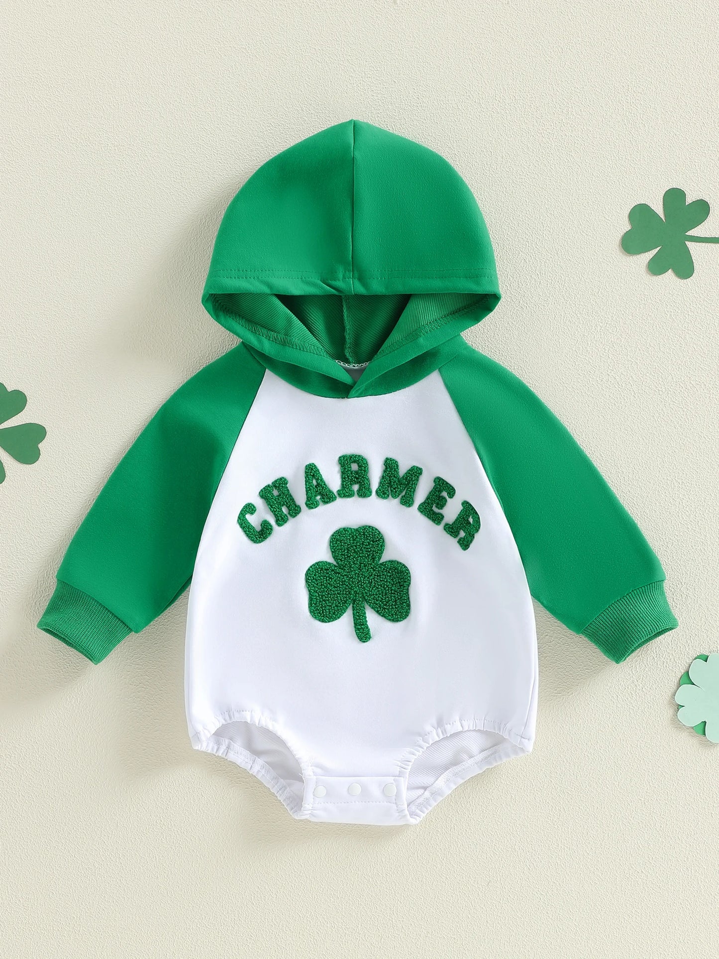 Baby Boys Charmer Irish St. Patrick's Day Romper Long Sleeve Shamrock Letter Embroidery Hooded Bodysuit Playsuit