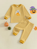 Baby Toddler Girls Boys 2Pcs Halloween Pajamas Set Long Sleeve Embroidery Pumpkin Ghost Top with Striped Pants Sleepwear