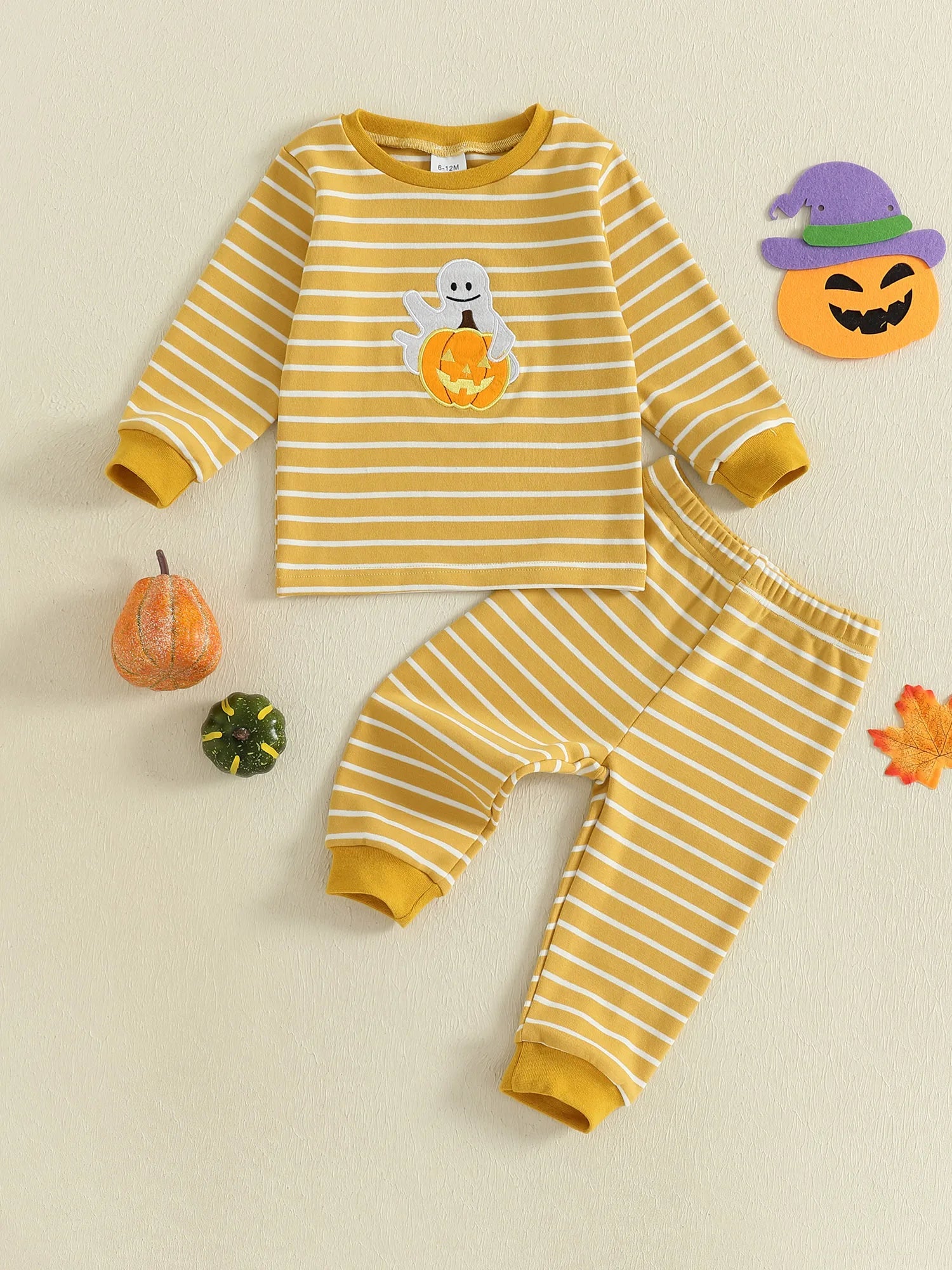 Baby Toddler Girls Boys 2Pcs Halloween Pajamas Set Long Sleeve Embroidery Pumpkin Ghost Top with Striped Pants Sleepwear