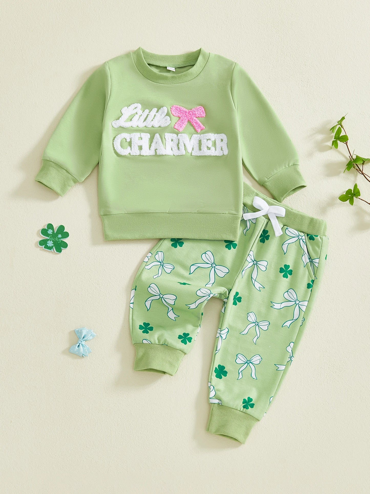 Baby Toddler Girls 2Pcs Little Charmer St. Patrick's Day Long Sleeve O Neck Letter Bow Embroidery Top Bow Clover Print Pants Jogger Set