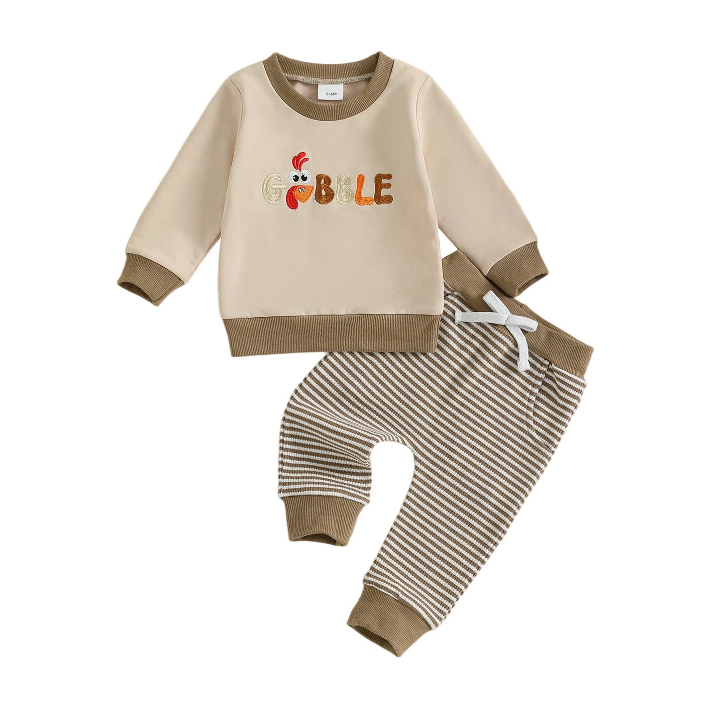 Baby Toddler Boys 2Pcs Jogger Set Long Sleeve Crew Neck Embroidery Gobble Turkey Top with Striped Pants Thanksgiving Clothes