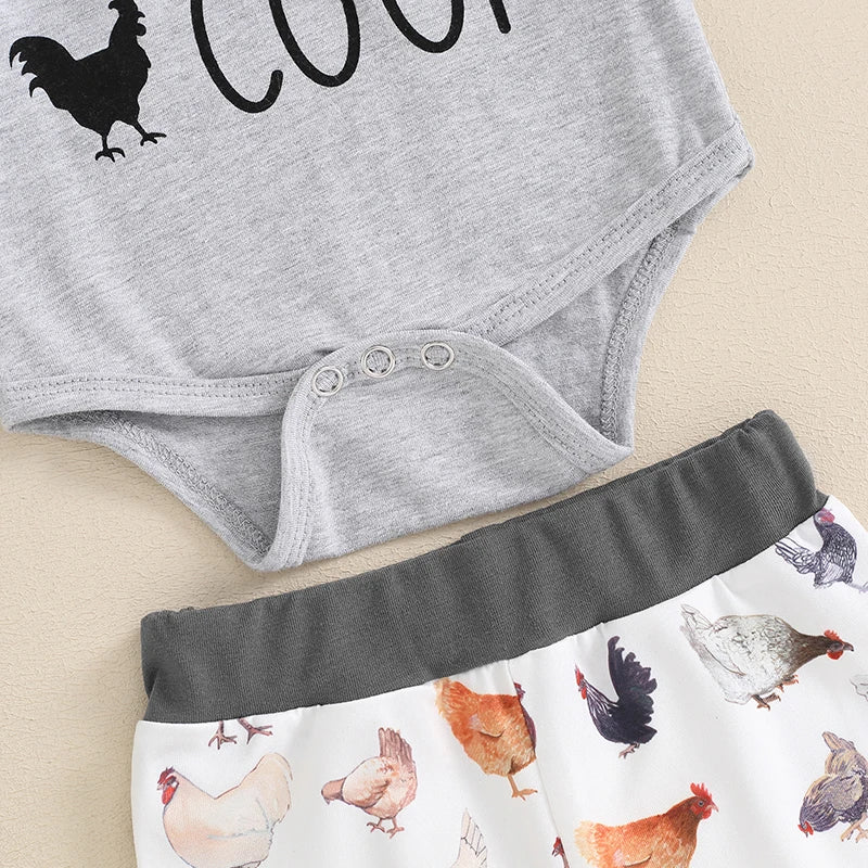 Baby Boys 3Pcs Outfit New To The Coop Letter Chicken Print Short Sleeve Romper Rooster Hen Print Long Pants Hat Clothes Set