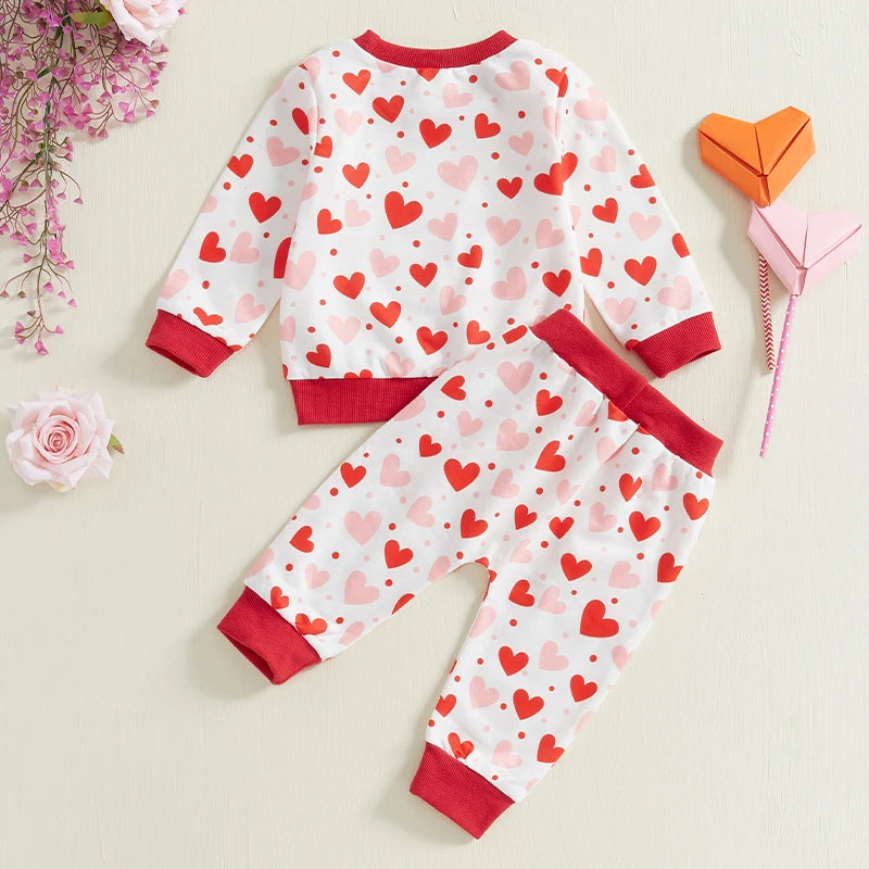 Baby Toddler Girls 2Pcs Valentines Outfit Heart Print Long Sleeve Crewneck Top with Long Jogger Pants Valentine's Day Set