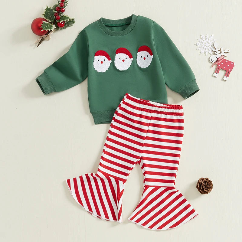 Baby Toddler Girls 2Pcs Christmas Outfit Santa Embroidery Long Sleeve Crewneck Top + Striped Flare Pants Set