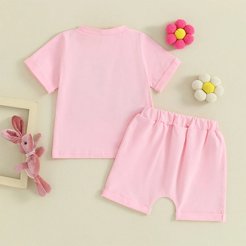 Baby Toddler Boy Girl 2Pcs Easter Set HIP HOP Letter Embroidery Short Sleeve T-Shirt with Solid Color Short Outfit