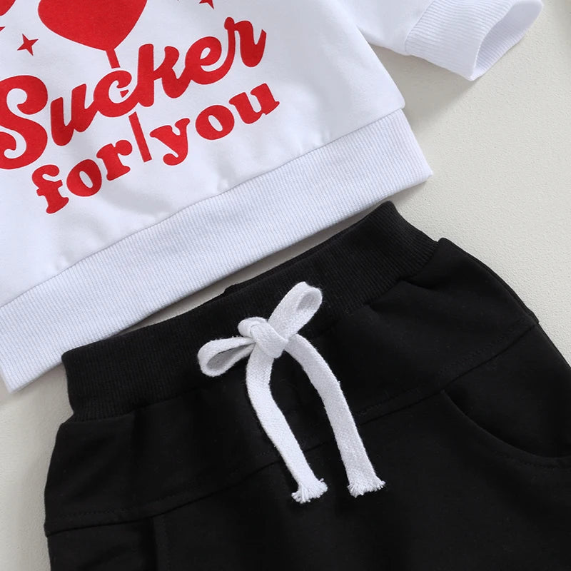 Baby Toddler Boy Girl 2Pcs Valentine's Day I'm A Sucker For You Letter & Heart Print Long Sleeve Pullover Top with Elastic Waist Pants Set Outfit