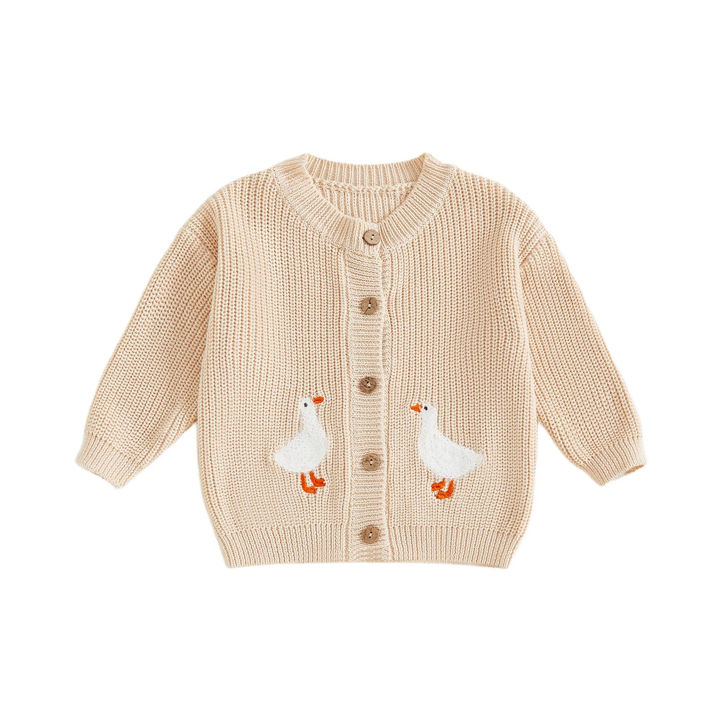 Toddler Kids Girl Knit Sweater Long Sleeve Round Neck Goose Embroidery Button Down Cardigan Tops