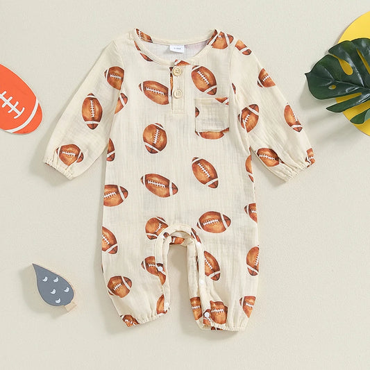 Baby Boy Girl Bodysuit Football Print Long Sleeve Button Pocket Round Neck Fall Romper