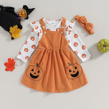 Load image into Gallery viewer, Baby Girls 3 Pcs Halloween Outfits Long Sleeve Pumpkin Romper Suspender Skirt Headband Set Clothes
