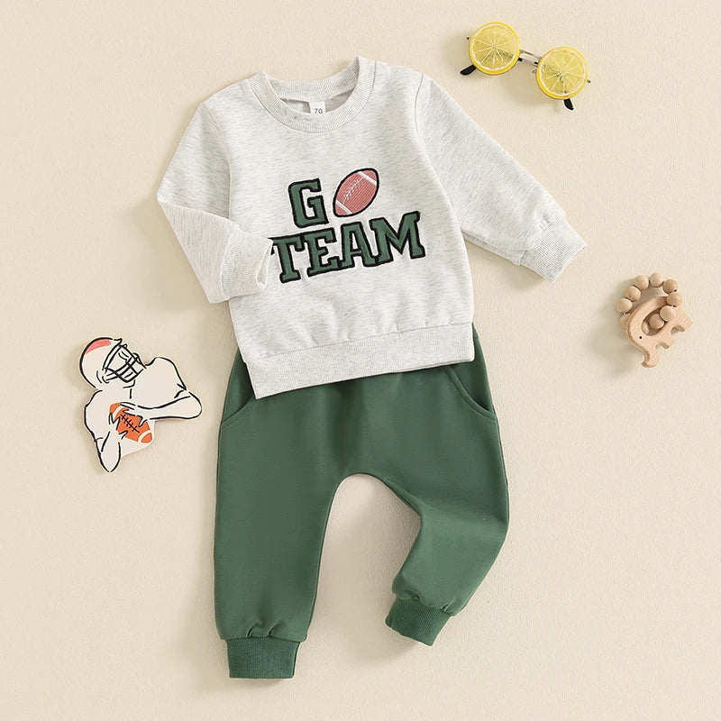 Baby Toddler Boys 2Pcs Go Team Fall Outfit Football Letter Embroidery Long Sleeve O-Neck Top and Solid Color Pants Set