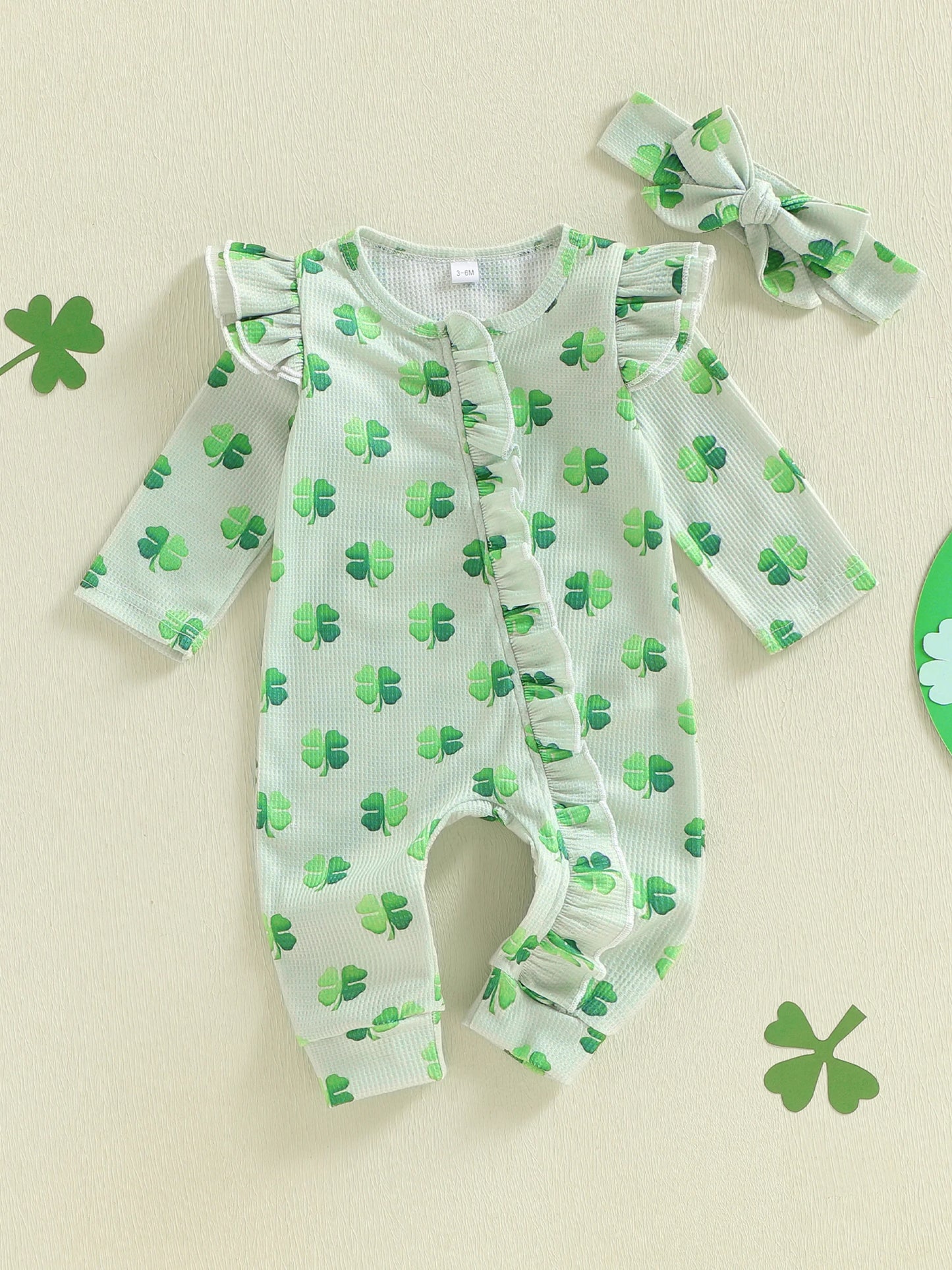 Baby Girls 2Pcs Spring Outfit Shamrock Print Ruffled Trim Zip Up Crew Neck Long Sleeve Zipper Romper with Bow Headband St. Patrick's Day Set