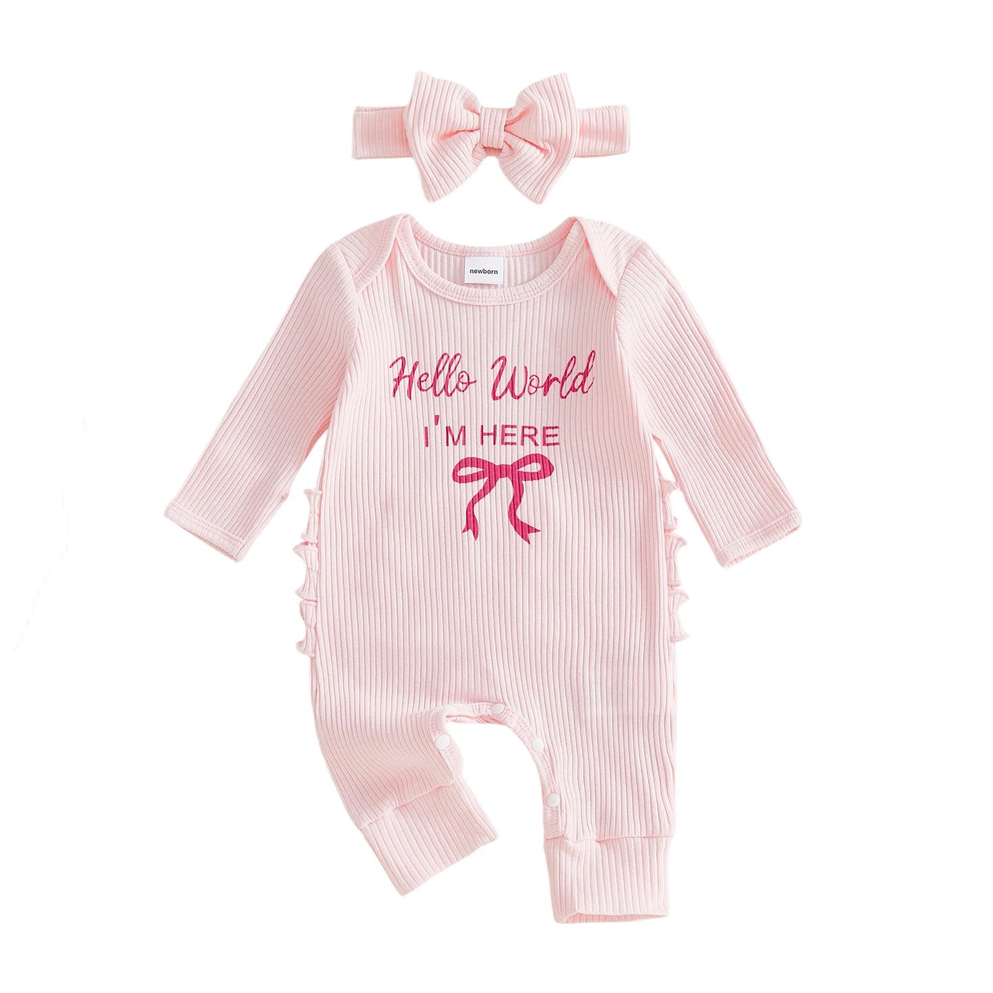 Baby Girl 2Pcs Hello World I'm Here Outfit Long Sleeve Crew Neck Letters Bow Print Romper with Bow Headband Set