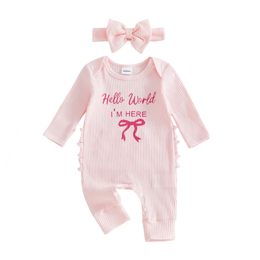 Baby Girl 2Pcs Hello World I'm Here Outfit Long Sleeve Crew Neck Letters Bow Print Romper with Bow Headband Set