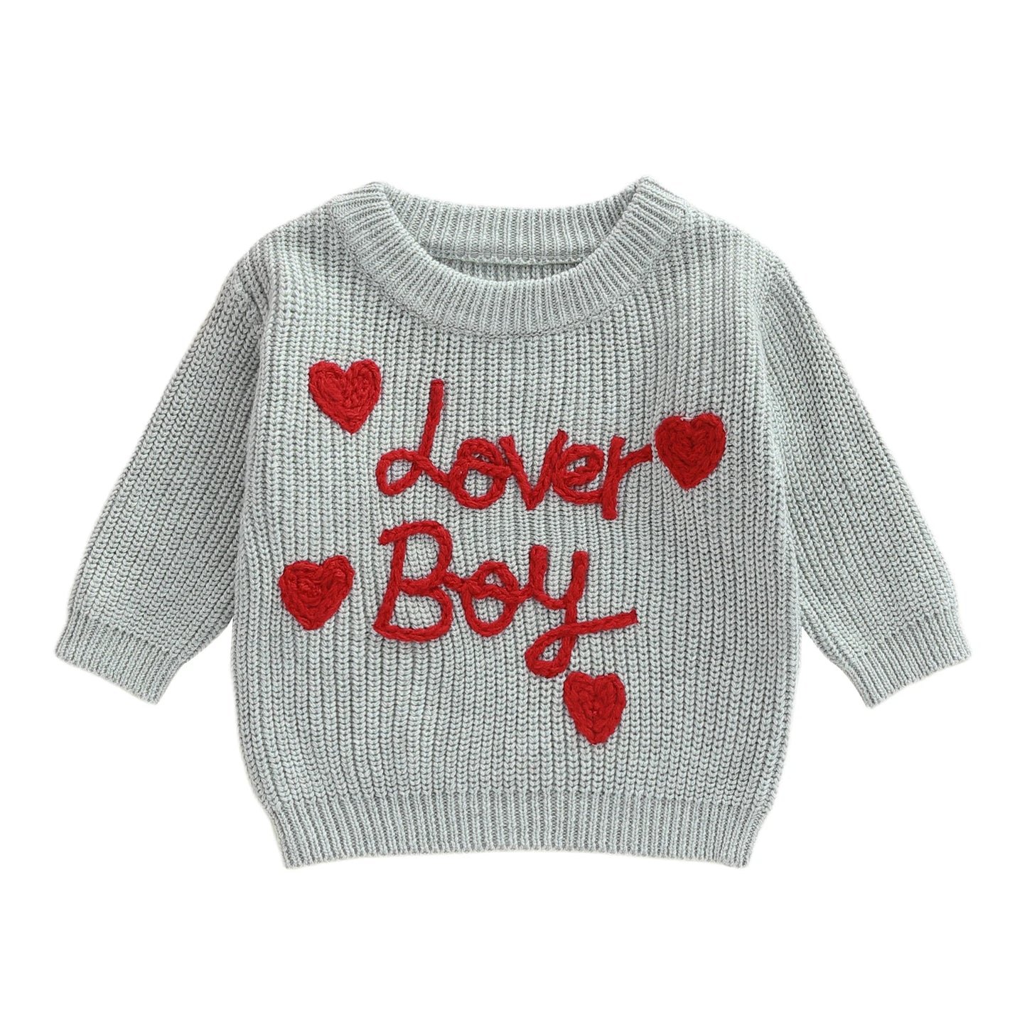 Baby Toddler Boys Valentines Sweater Fashionable Letters Lover Boy Heart Embroidery Crew Neck Long Sleeve Knit Top
