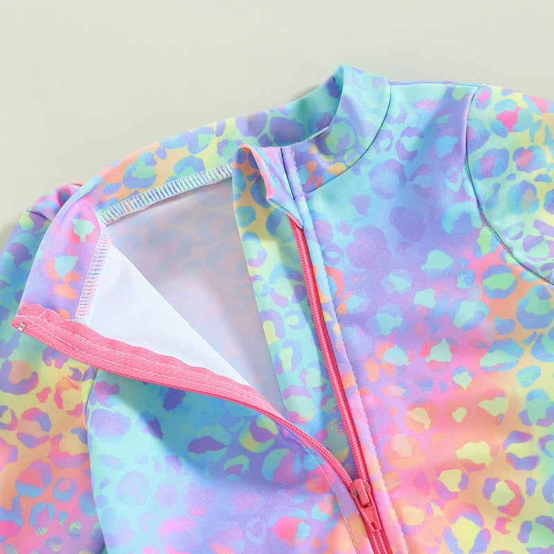 Baby Toddler Kids Girl Swimsuit Fish Scale Print Ruffles Long Sleeve Zipper Jumpsuit Swimwear Beachwear Romper