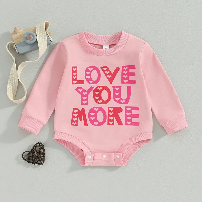 Baby Toddler Girls Valentine's Day Jumpsuit Letter LOVE YOU MORE Heart Print O-Neck Long Sleeve Bubble Romper