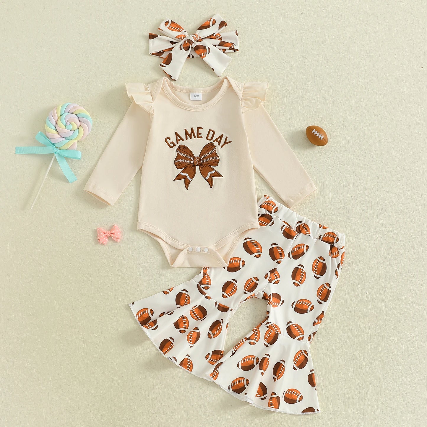 Baby Girls 3Pcs Game Day Fall Outfit Football Print Long Sleeves Romper and Elastic Flared Pants Headband Set Cute Clothes