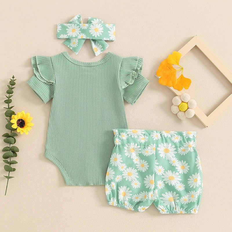 Baby Toddler Girls 3Pcs Summer Set Little Sister Letter Print Short Sleeve Romper Flower Daisy Print Shorts with Headband Outfit