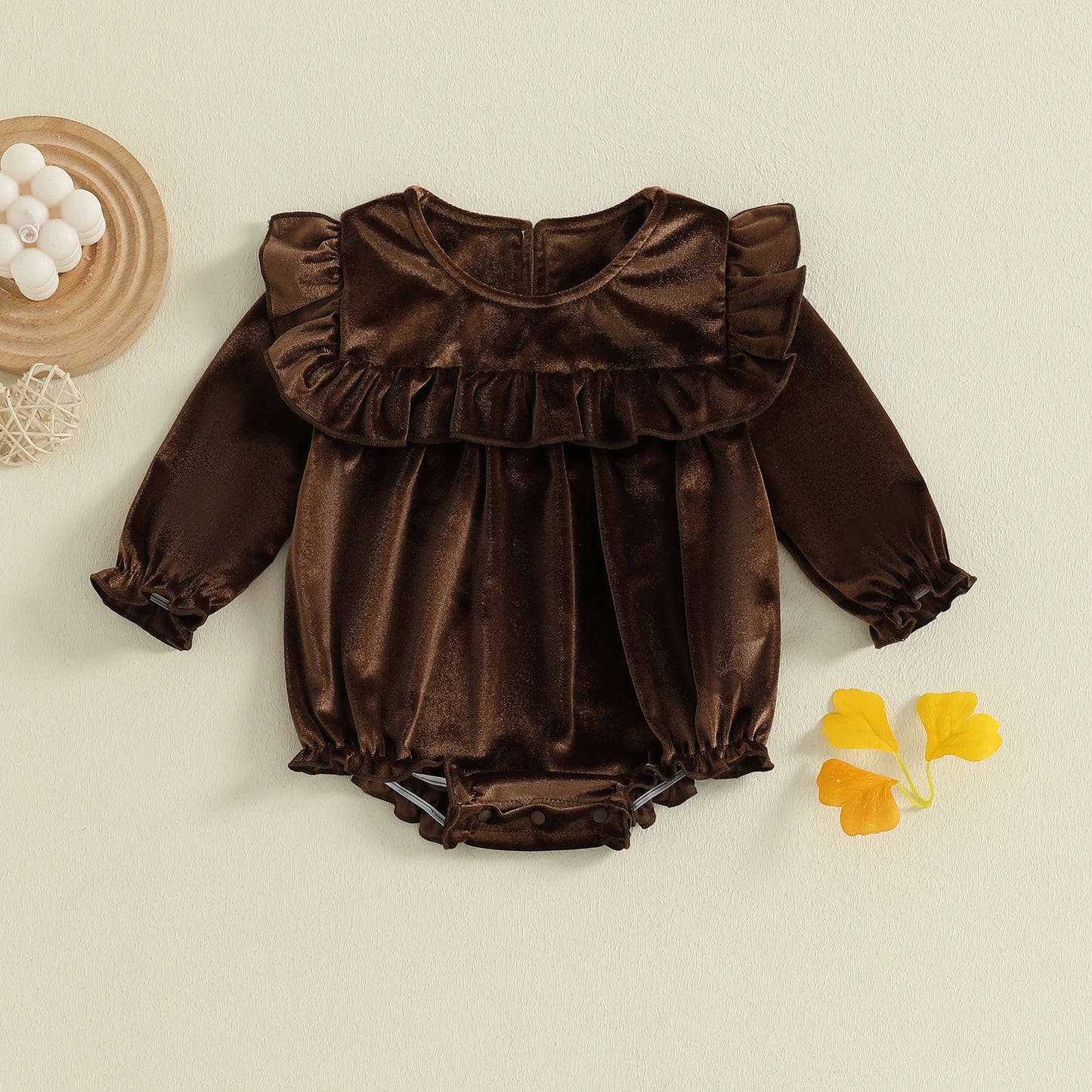 Baby Girls Velvet Romper Solid Color Ruffled Round Neck Long Sleeve Bubble Jumpsuit