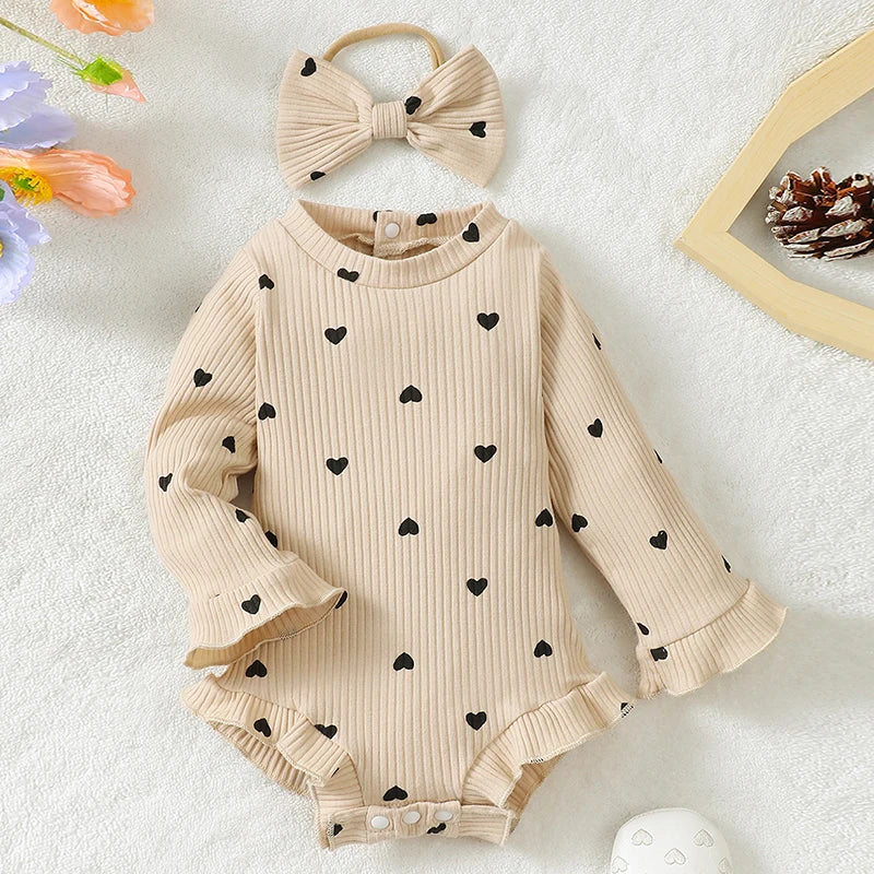 Baby Girl 2Pcs Fall Romper Ribbed Heart Print Long Sleeve Crew Neck Ruffled Jumpsuit with Bow Headband Set