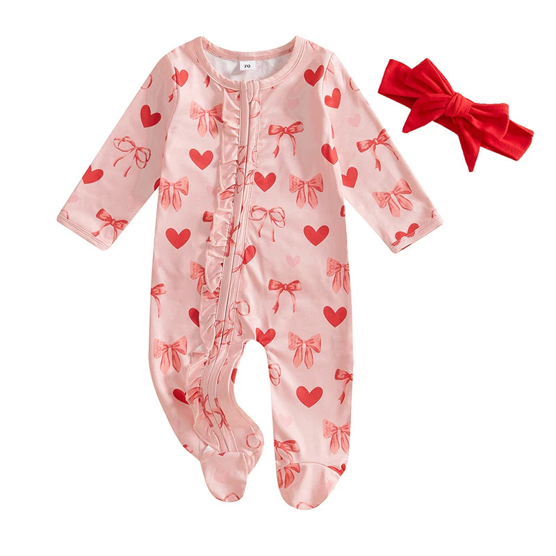 Baby Girls 2Pcs Valentine’s Day Outfit Long Sleeve Heart Bow Print Ruffle Jumpsuit Zipper Romper with Headband Set Valentines