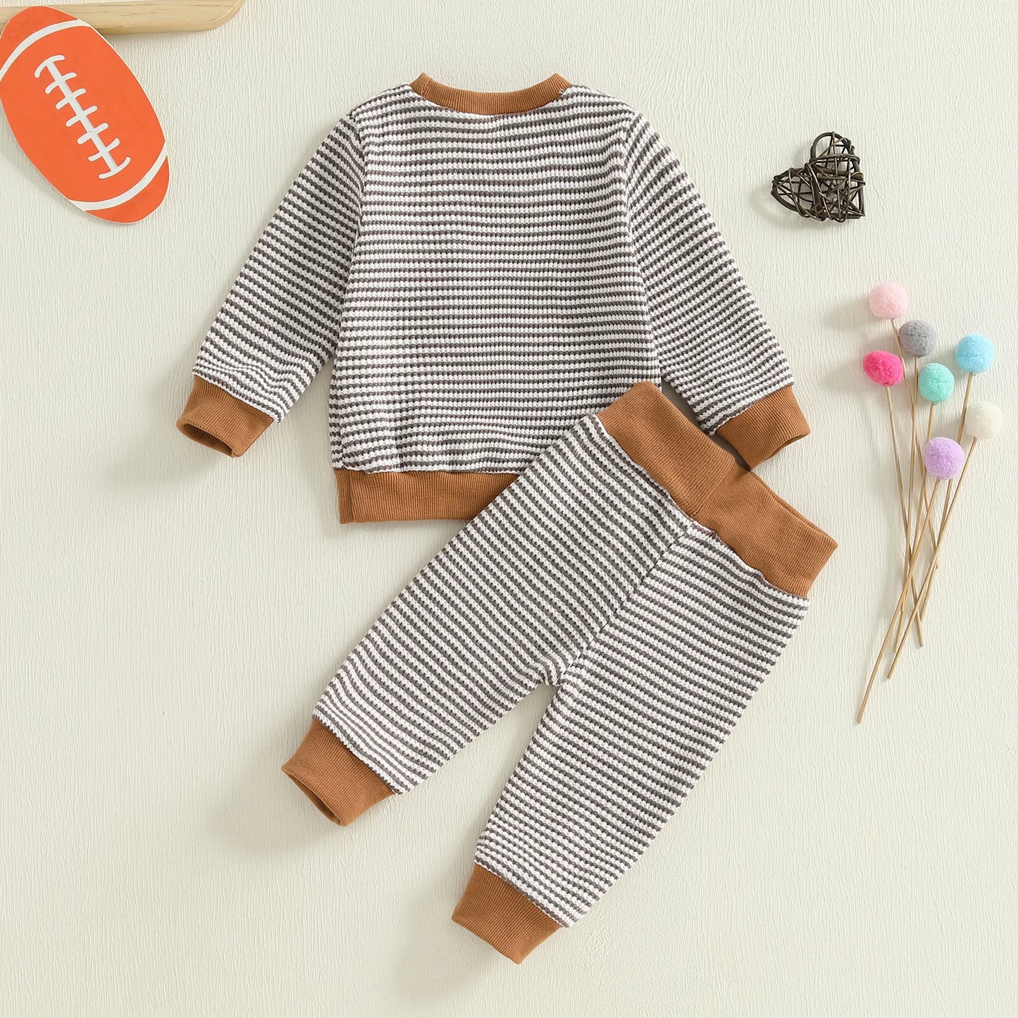 Baby Toddler Boys 2Pcs Autumn Long Sleeve O Neck Football Embroidery Top Striped Pants Jogger Set