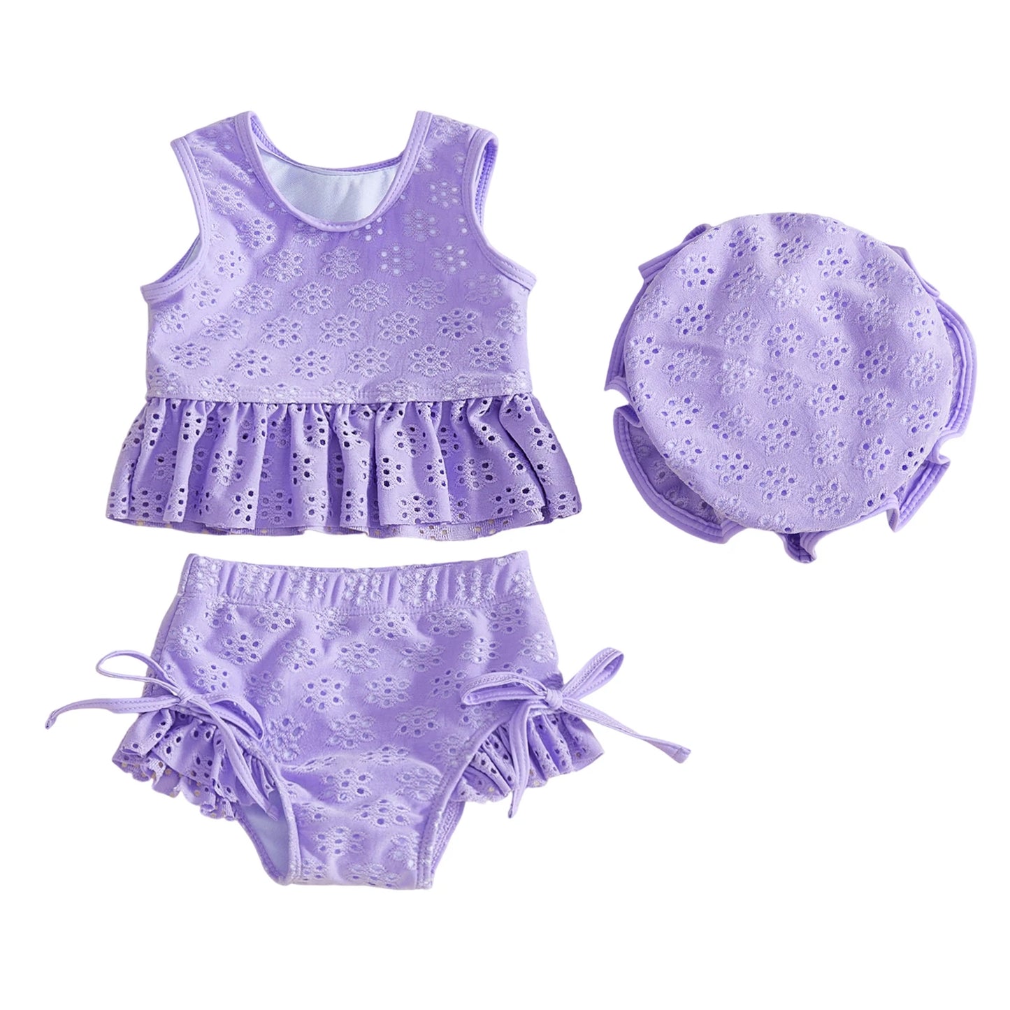 Baby Toddler Girls 3Pcs Swimsuit Set Sleeveless Crew Neck Solid Embroidery Top Bikini Bottoms and Hat Swimwear