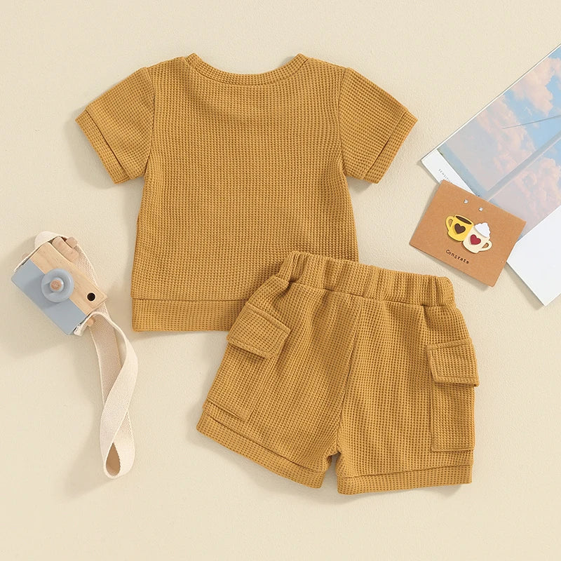 Baby Toddler Boy Girl 2Pcs Waffle Outfit Solid Color Short Sleeve Pocket Top with Elastic Waist Shorts Set