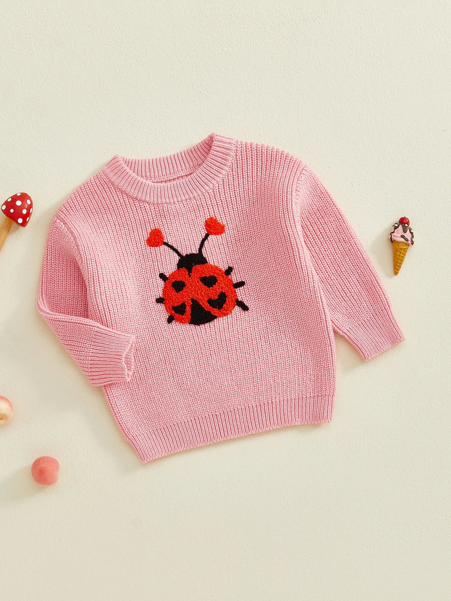 Baby Toddler Girls Autumn Knit Sweater Long Sleeve O Neck Ladybug Embroidery Pullover Knitwear Top