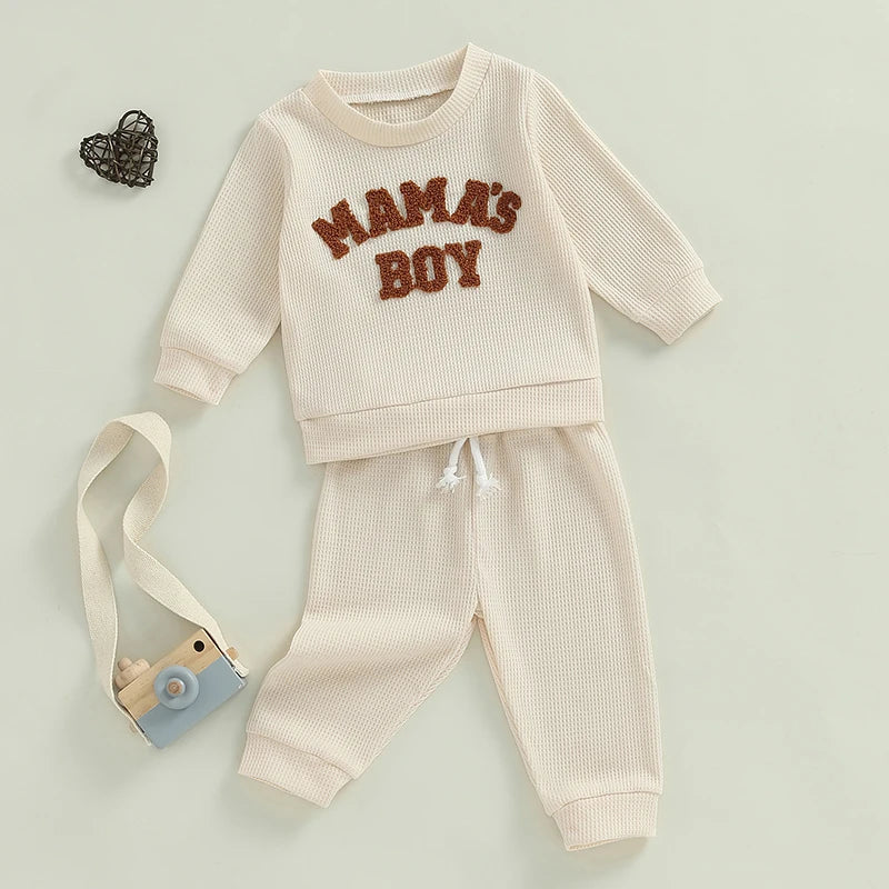 Baby Toddler Boys 2Pcs Mama's Boy Waffle Outfit Letter Embroidery Long Sleeve Top Elastic Waist Pants Set