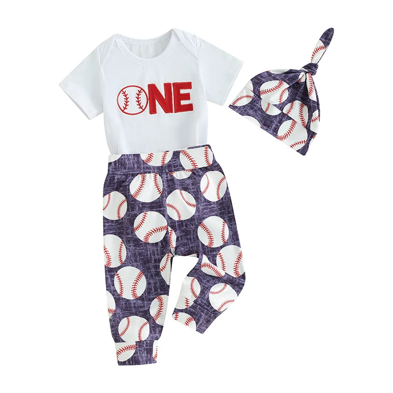 Baby Boys Girls 3Pcs First Birthday Outfit Letter ONE Print Short Sleeve Romper with Baseball Print Pants and Hat Set