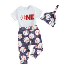 Load image into Gallery viewer, Baby Boys Girls 3Pcs First Birthday Outfit Letter ONE Print Short Sleeve Romper with Baseball Print Pants and Hat Set
