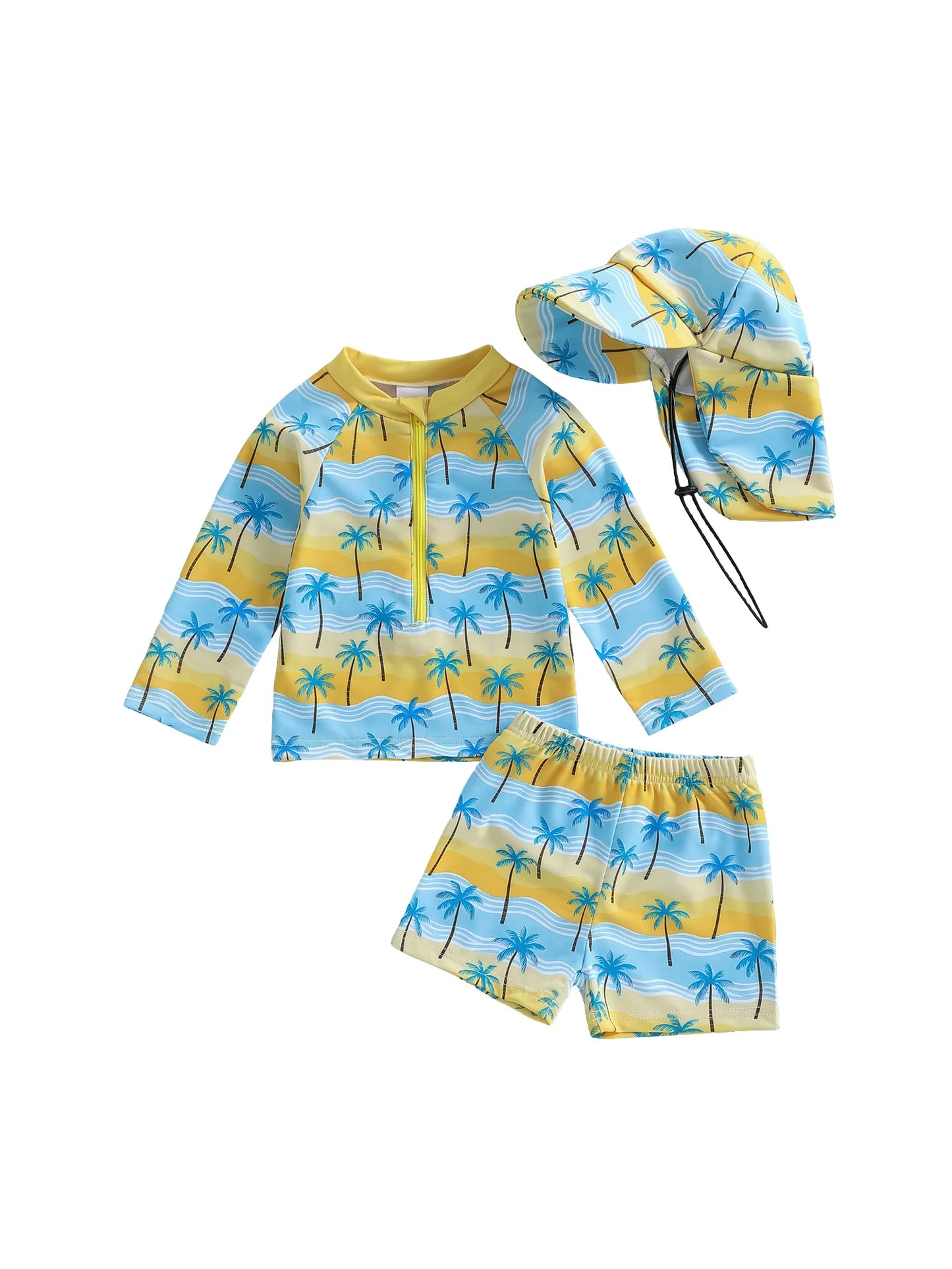 Baby Toddler Boys 3Pcs Rash Guard Swimsuit Set Palm Tree Print Long Sleeve Round Neck Top and Shorts Hat Set