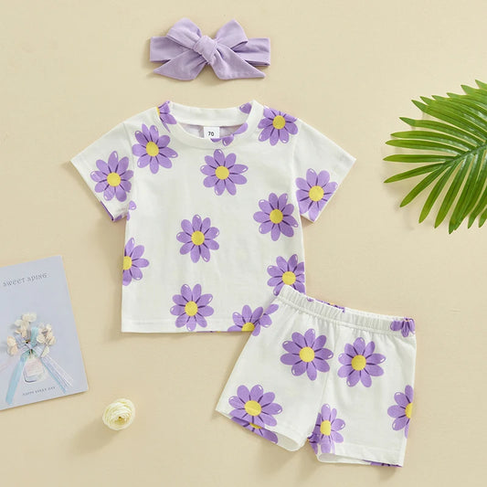 Toddler Baby Girl 3pcs Flower Outfit Summer Floral Print Short Sleeve Top Shirt Shorts Headband Clothing Set