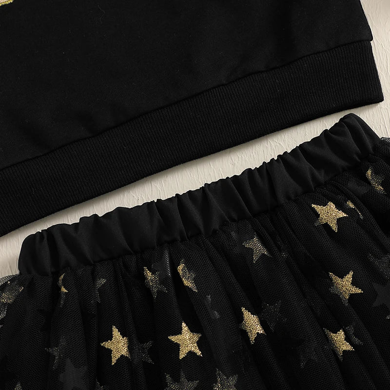 Toddler Kids Girl 2Pcs New Years Cheers Skirt Outfit Letter Embroidery Long Sleeve Top Glitter Star Print Tulle Skirt Clothing Set