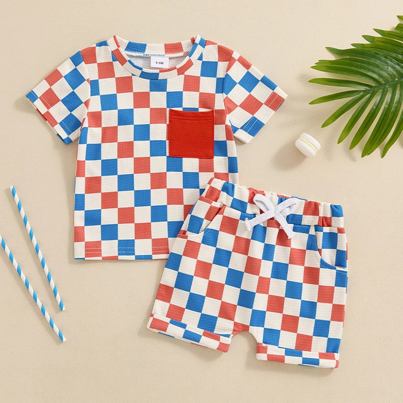 Baby Toddler Boys 2Pcs Outfit Checker Pattern Pocket Round Neck Short Sleeve Top Elastic Waist Shorts Set