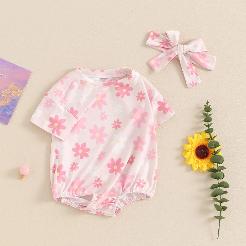 Baby Girl 2Pcs Summer Jumpsuit Daisy Flower Print Short Sleeve Round Neck Romper with Headband Set