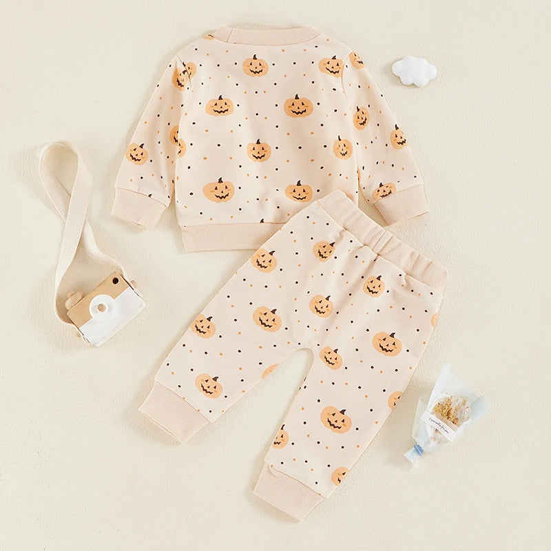 Baby Toddler Girls Boys 2Pcs Halloween Long Sleeve O Neck Pumpkin Print Top Pants Outfit Set