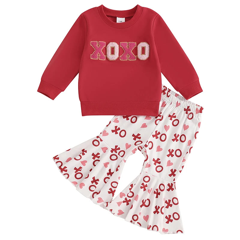 Baby Toddler Girls 2Pcs XOXO Valentine's Day Outfit Letter Embroidery Long Sleeve Crewneck Top with Heart Pattern Flare Pants Valentines Set