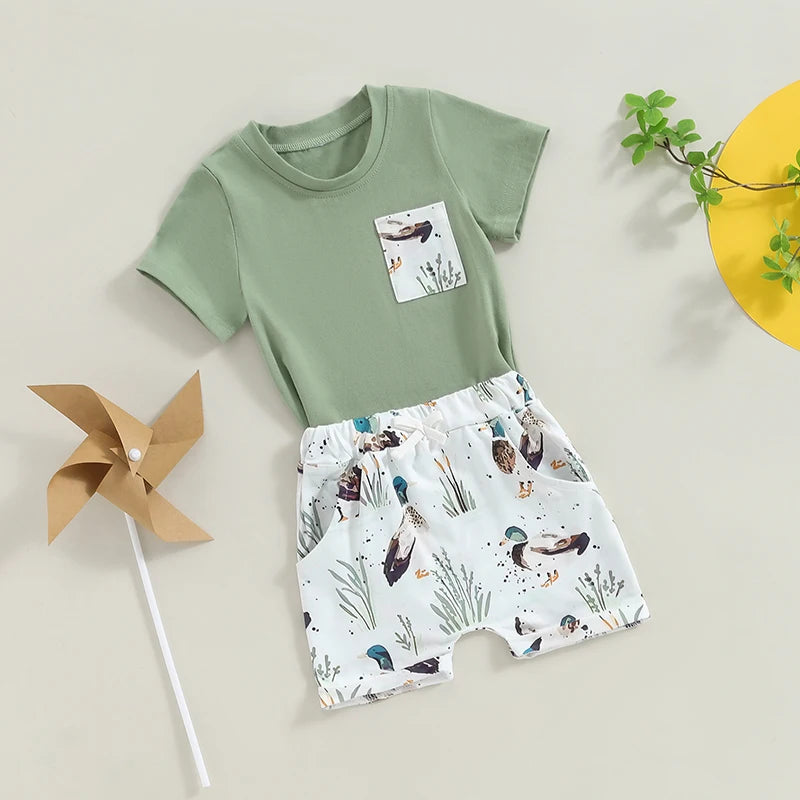 Baby Toddler Boys 2Pcs Summer Clothes Duck Bird Top and Shorts Set Casual Outfit