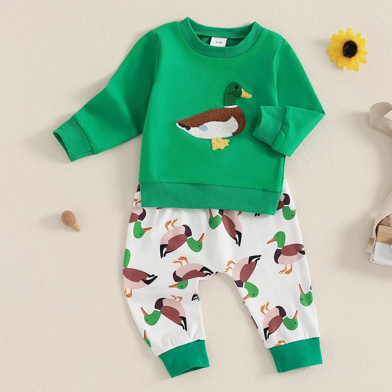 Baby Toddler Boys 2Pcs Autumn Spring Outfit Jogger Set Long Sleeve O Neck Top Duck Print Drawstring Pants