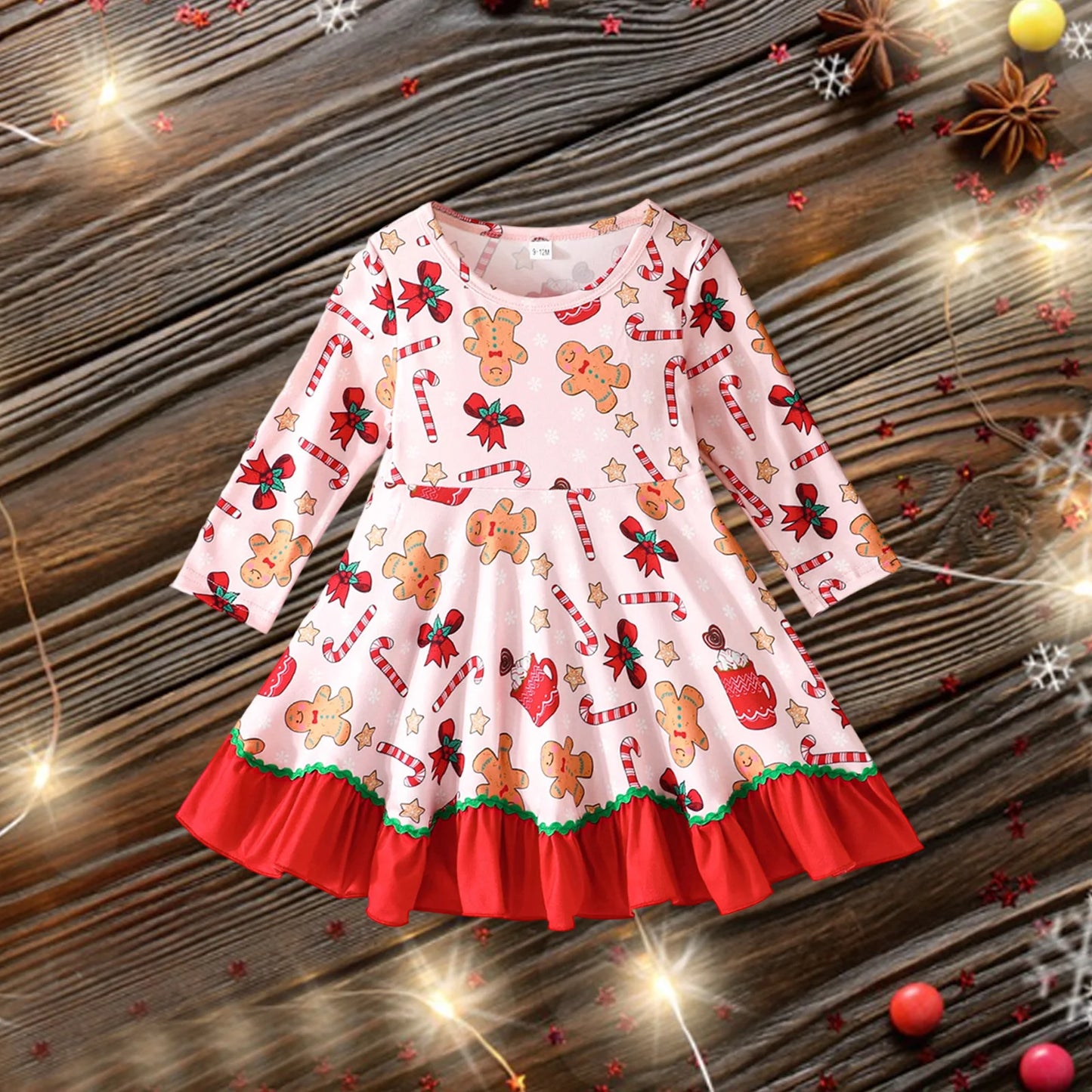 Baby Toddler Girl Christmas Dress Long Sleeve Crew Neck Gingerbread Man Cane Candy Print Dress