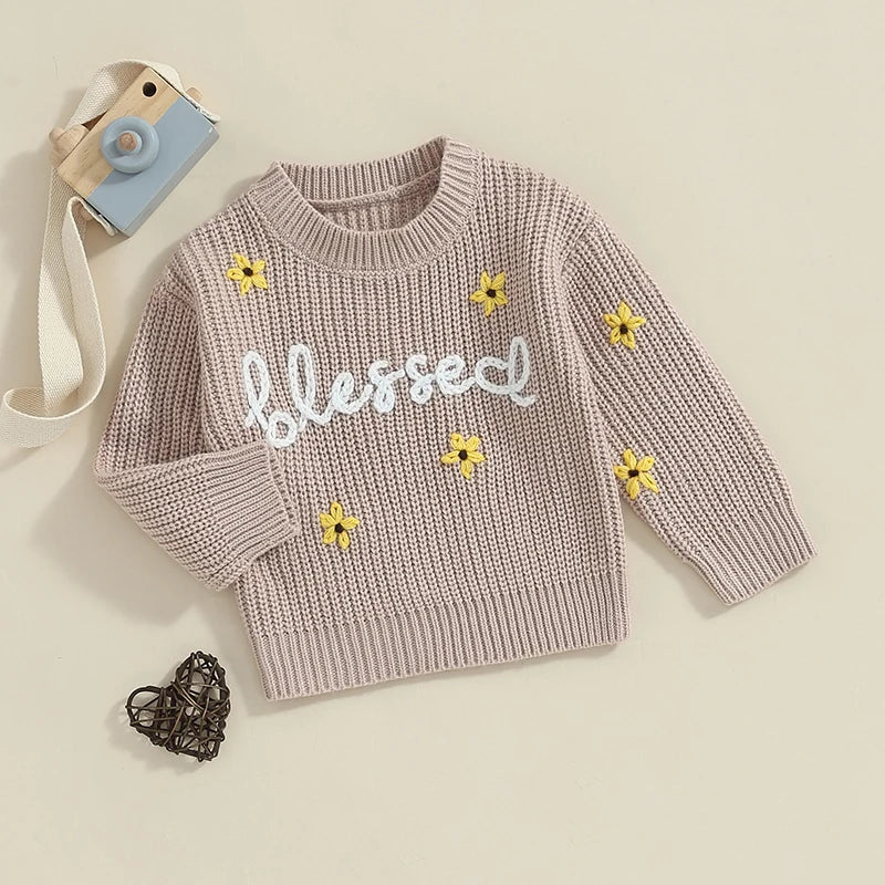 Baby Toddler Girls Blessed Crewneck Knitwear Sweater Flowers Embroidery Long Sleeve Top