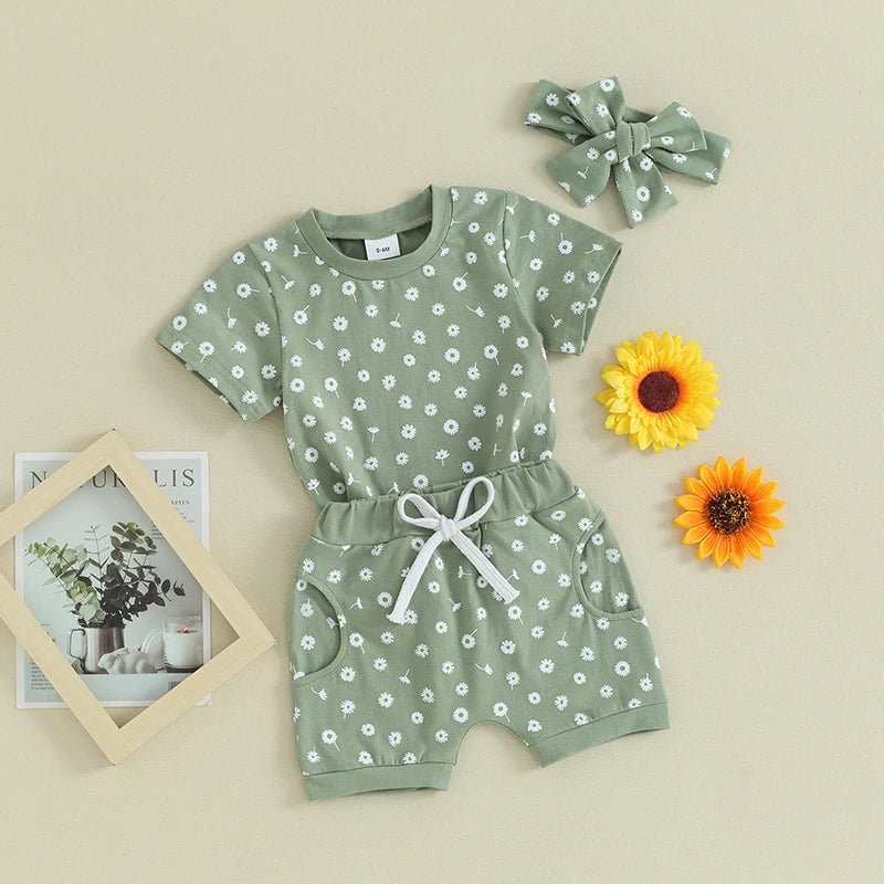 Toddler Baby Girls 3Pcs Clothes Set Floral Print Short Sleeve Top with Shorts and Headband Summer Outfit