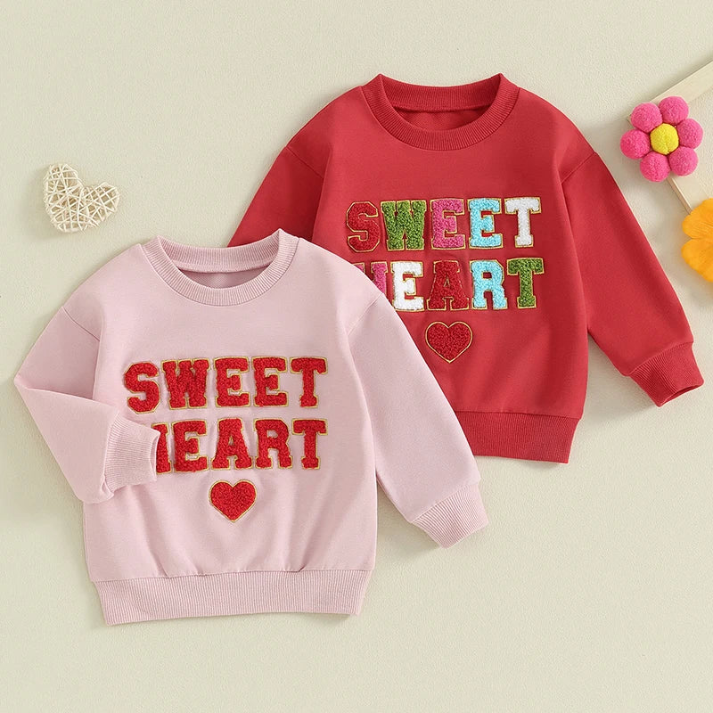 Baby Toddler Girls Valentine's Day Sweet Heart Letters Long Sleeve O-neck Embroidery Pullover Top