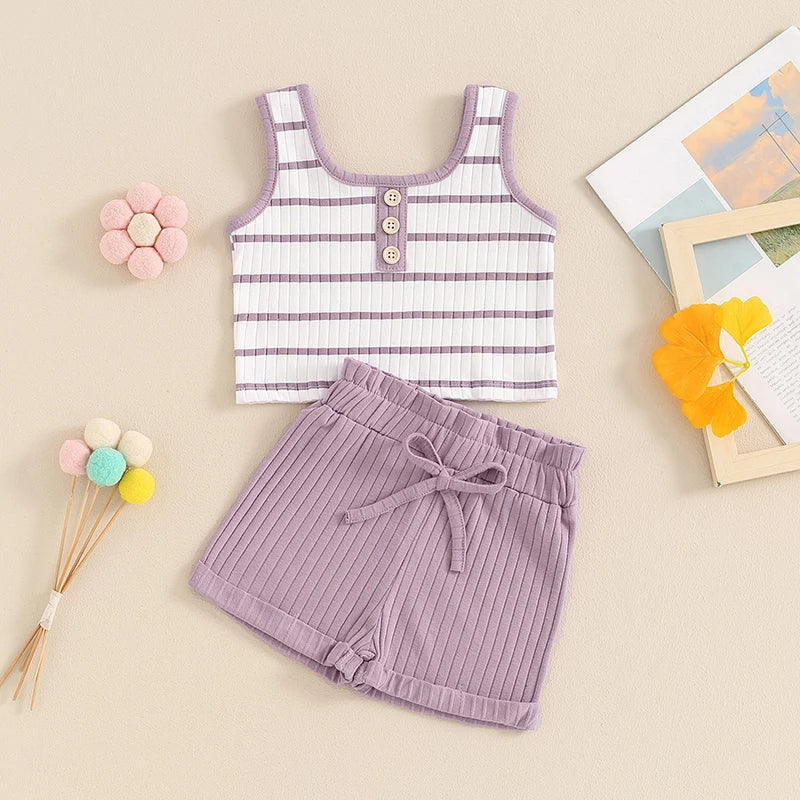 Toddler Baby Girl 2Pcs Summer Ribbed Set Striped Round Neck Sleeveless Tank Top Elastic Waist Shorts Outfit