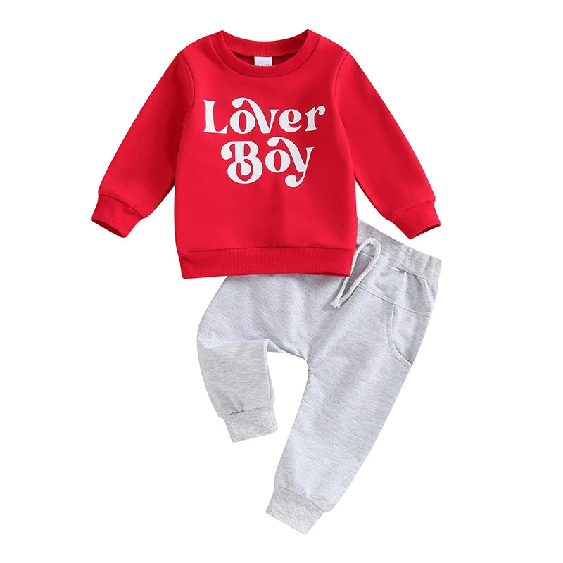 Toddler Baby Boys 2Pcs Valentine's Day Sets Long Sleeve Lover Boy Letter Print Pullover and Drawstring Pants Set